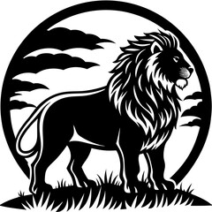 Fototapeta premium Majestic black lion silhouette standing proudly on grassy terrain under clouds