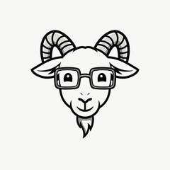 A bold black and white line art of a goat head with striped curved horns, pointed ears, and clean minimalist style.