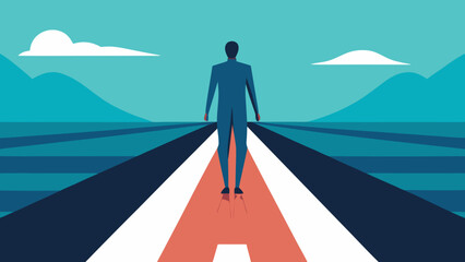 Obraz premium Man standing on a road with the letter a towards a distant horizon