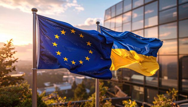 European Union and Ukraine Flags Waving Together at Sunset in Front of Modern Office Building – AI Generated