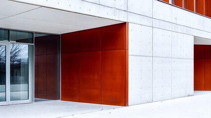 View of modern building exterior with glass doors and orange paneling accents design