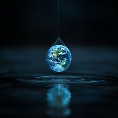 A beautiful macro shot of a single drop of water suspended in mid-air, with a clear, vivid representation of the Earth inside it