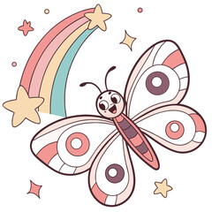 Pastel Rainbow colored Butterfly with a Surprised touch, placed in a Rainbow theme