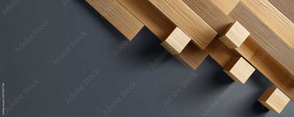 Fototapete Abstract diagonal wooden planks and cubes on a gray background creating a modern design pattern