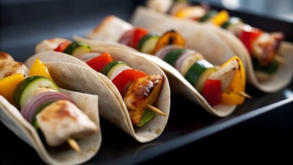 Close up shot of several chicken and vegetable skewers in tortillas on a black plate