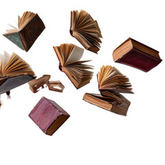 Flying Vintage Books on Transparent Background