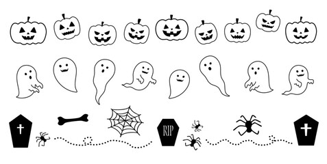 ハロウィン時期の線画のお化けとカボチャのイラストセット(幽霊 おばけ かぼちゃ お菓子 蜘蛛の巣 墓 ベクター 編集可能) © Studio MUSUBI