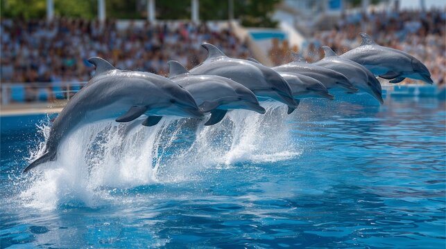 Dolphins perform synchronized jumps in a bright blue pool during an afternoon show at an aquatic venue