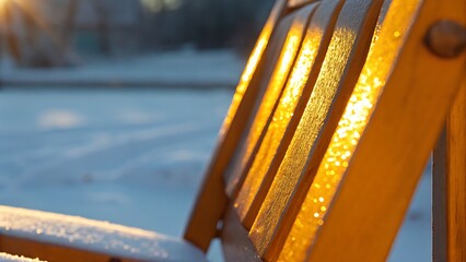 A close up of a wooden chair back covered in snow illuminated by the sun in winter