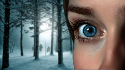 A close up of a blue eye with a winter forest scene reflected in the pupil