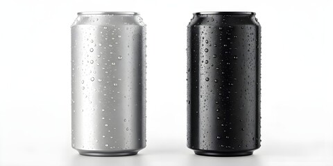 Silver and black beverage cans with condensation droplets water