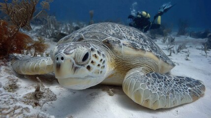 Obraz premium Sea turtle resting on coral bed near scuba divers flippers in sandy shallows