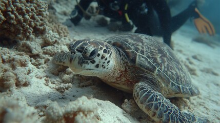 Obraz premium Sea turtle resting on coral bed near scuba divers flippers in sandy shallows