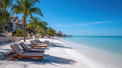 Secluded sunbathing area on white sand beach beside palm-lined luxury resort