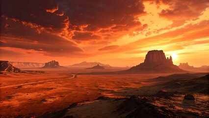Fototapeta premium Alien Desert Valley at Fiery Sunset with Dramatic Sky and Buttes