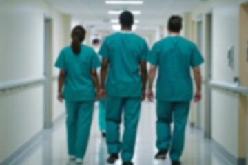Obraz premium blurry photo of a doctor walking down a hospital corridor with his back to the camera