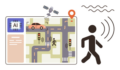 AI interface managing traffic, autonomous cars, sensors, pedestrian signals, GPS, satellites, and connectivity. Ideal for technology, innovation urban planning AI transportation automation