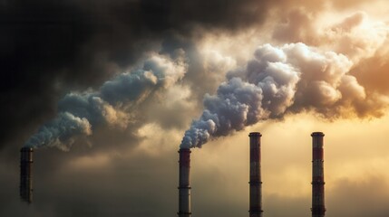Smoke rises from industrial chimneys against a dramatic sky