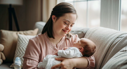 Young happy mother with Down syndrome cradling baby on sofa in bright living room