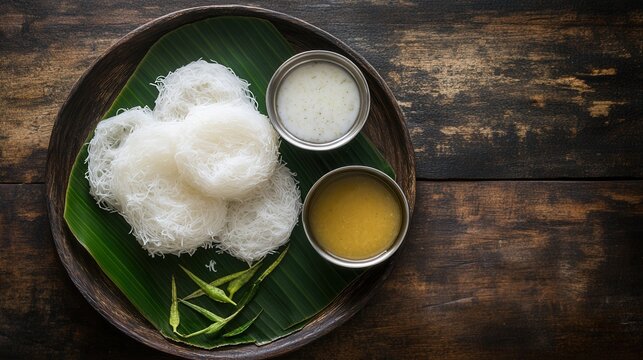 String hoppers and coconut milk are served on a banana leaf on a wooden plate