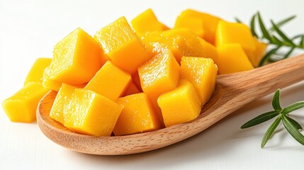 Cubed mango in wooden spoon