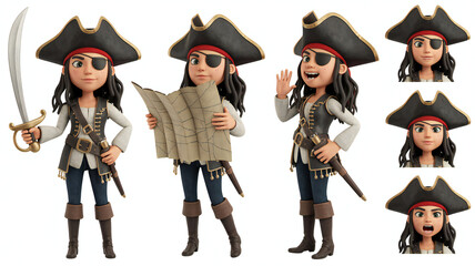 Cartoon Pirate Girl Character Poses, Expressions, and Animations
