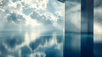 Serene water reflection in a modern architectural space with dramatic clouds and light rays