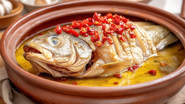 A whole fish is served in a clay pot, topped with chopped red chili peppers