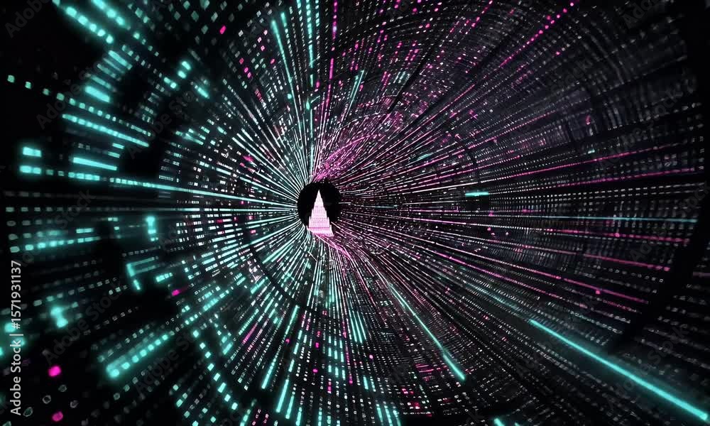 Sticker abstract pink and cyan glowing data stream tunnel