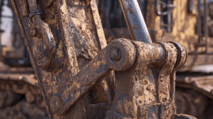 Construction site machinery detail showing dirt-covered bucket and steel arms