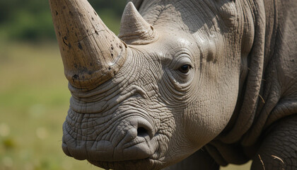 Close-up of a Rhino Face with Detailed Skin and Horn