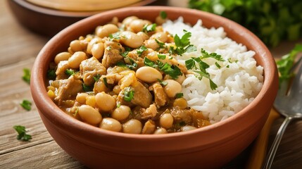A bowl of pork and bean stew with rice is garnished with parsley on a wooden table