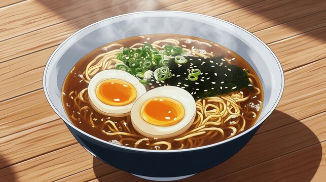 A cartoon style bowl of ramen soup with egg and seaweed is on the table