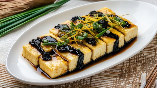 A plate of sliced tofu is topped with dark sauce and scallions
