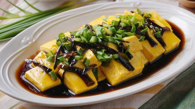 A plate of sliced tofu is topped with dark sauce and chopped scallions