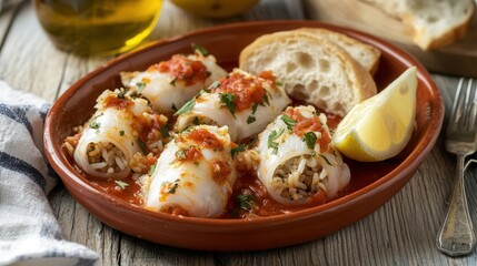 Stuffed squid in tomato sauce with bread and lemon on a rustic wooden table