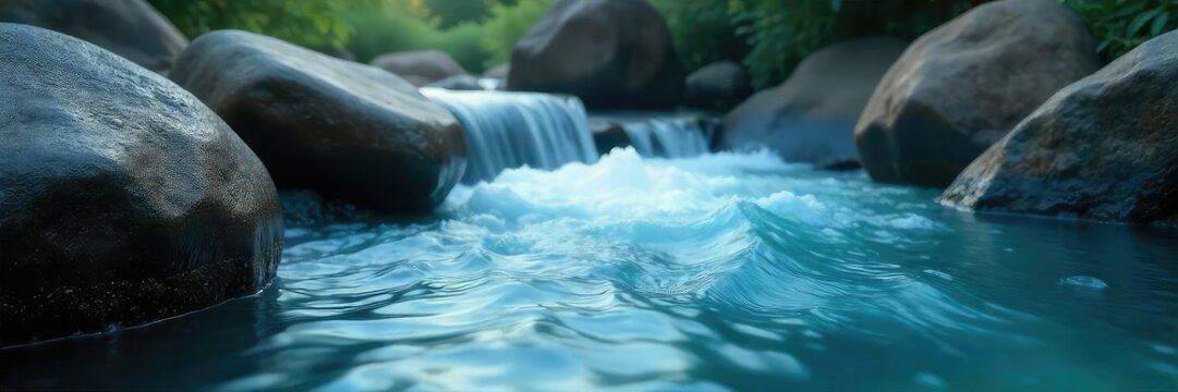Serene blue water gently flows over smooth stones, creating a calming and tranquil scene perfect for relaxation Ideal for spa, wellness, and meditation themes , therapy, nature, stream - Powered by Adobe