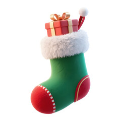 Festive christmas stocking filled with gift and santa hat isolated on transparent background