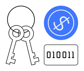Intersecting keys, binary code, and a dollar sign represent encryption, data security, finance, digital transactions, coding, online security and technology advancements. Simple flat metaphor