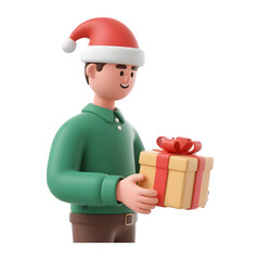 Friendly 3d cartoon man wearing santa hat holding a gift box isolated on transparent background