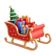 Festive christmas sleigh filled with gifts and a tree isolated on transparent background