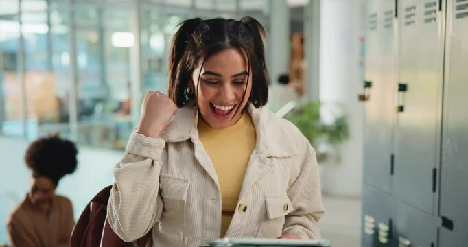 Fist pump, student and woman on tablet at college for results of assignment, exam and assessment. University, school and excited person on digital tech for online mark, pass test or scholarship news - Powered by Adobe