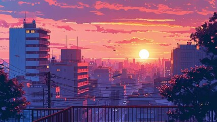 Colorful illustration of a city skyline at twilight - Powered by Adobe