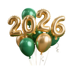 Golden and green balloons forming the year 2026 isolated on transparent background