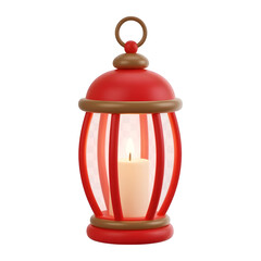 A festive red and gold lantern with a lit candle inside isolated on transparent background