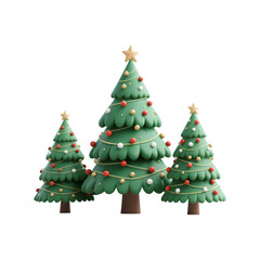 Three festive cartoon christmas trees decorated with ornaments and garlands isolated on transparent background