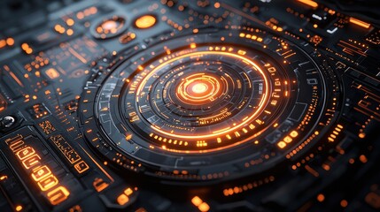 High-tech circular interface, glowing orange