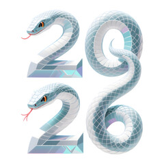 Stylized 2026 numbers formed by a shimmering blue and white snake isolated on transparent background