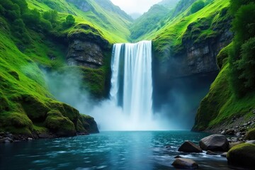 Obraz premium Serene cascading waterfall tumbling down lush green hills, creating a misty spray Perfect for travel, nature, and serenity themes , stream, flowing water, tourism