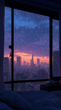 Illustration of a city skyline at twilight on a rainy day, viewing from a large bedroom window